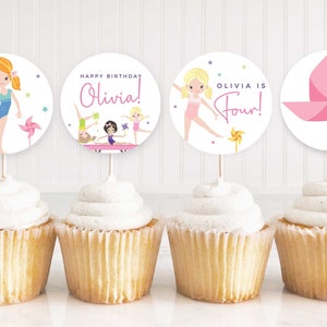 EDITABLE Gymnastics Party Cupcake Toppers • Party Circles • Pinwheels • Gym Birthday, Twirl Tumble, Template | Corjl - Instant Download