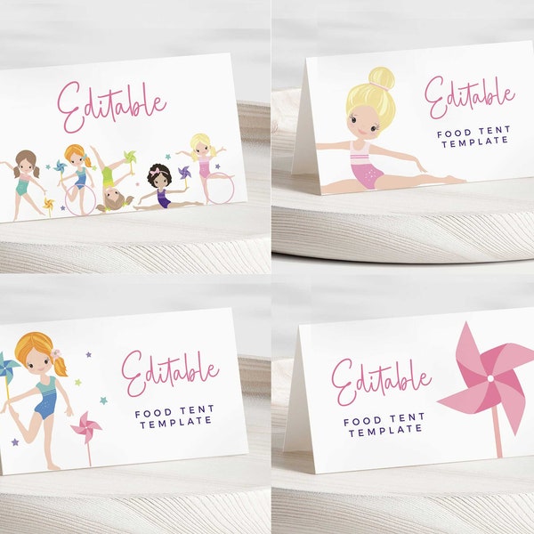 EDITABLE Gymnastics Party Food Tents * Table Tents 4 Designs • Pinwheels • Gym Birthday, Twirl Tumble, Template | Corjl - Instant Download