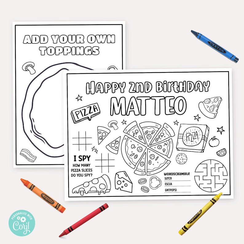May include: A black and white printable coloring page for a 2nd birthday party. The page features a pizza with toppings, a pizza box, and a word scramble. The text "Happy 2nd Birthday Matteo" is at the top of the page.