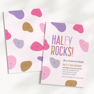 May include: Pink and purple birthday invitation with a rock climbing theme. The invitation says "Haley Rocks!" and includes details for Haley's 10th birthday party at Mesa Rim Climbing Gym.