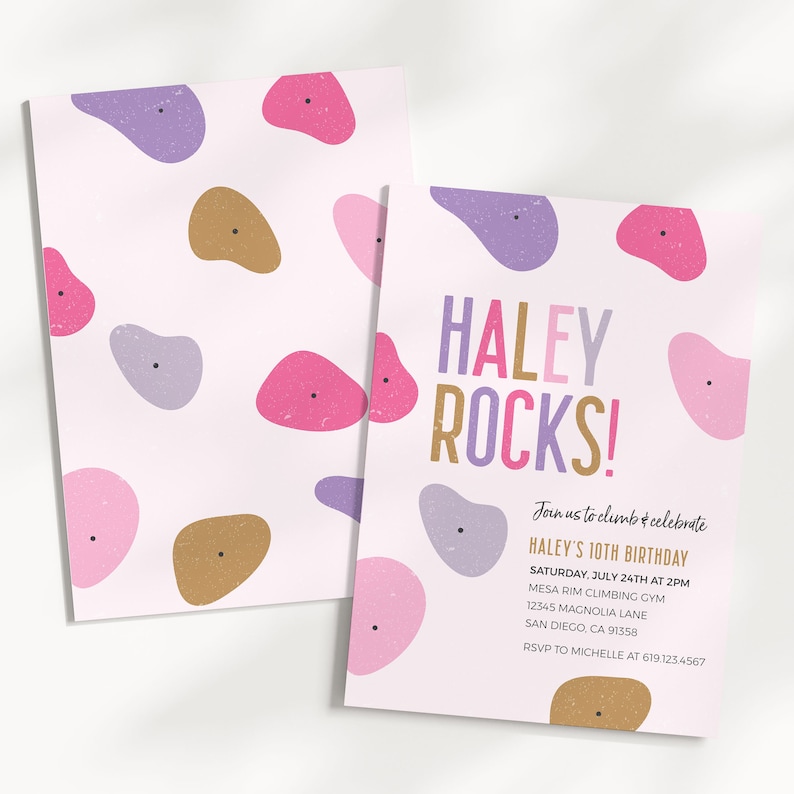 May include: Pink and purple birthday invitation with a rock climbing theme. The invitation says "Haley Rocks!" and includes details for Haley's 10th birthday party at Mesa Rim Climbing Gym.