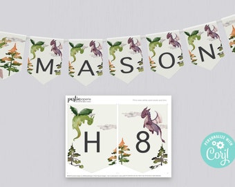 May include: A banner with the name "MASON" in black letters on cream-colored pennants, decorated with watercolor dragons and trees. Additional pennants feature the letters "H" and the number "8". The banner is strung on a white cord.