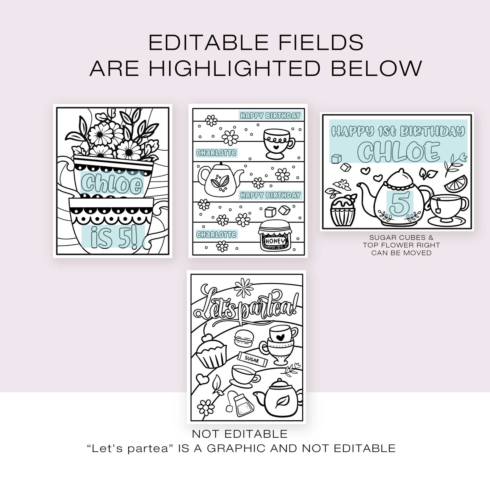 Let's Partea Color Pages EDITABLE Tea Party Coloring Pages • 4 Coloring Pages (3 Editable ...
