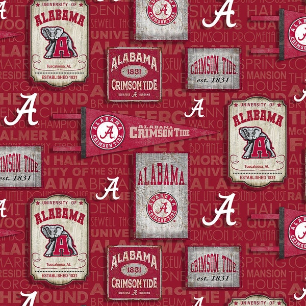 University of Alabama Cotton Fabric by Sykel-Alabama Crimson Tide Vintage Pennant and Matching Solid Cotton Fabrics