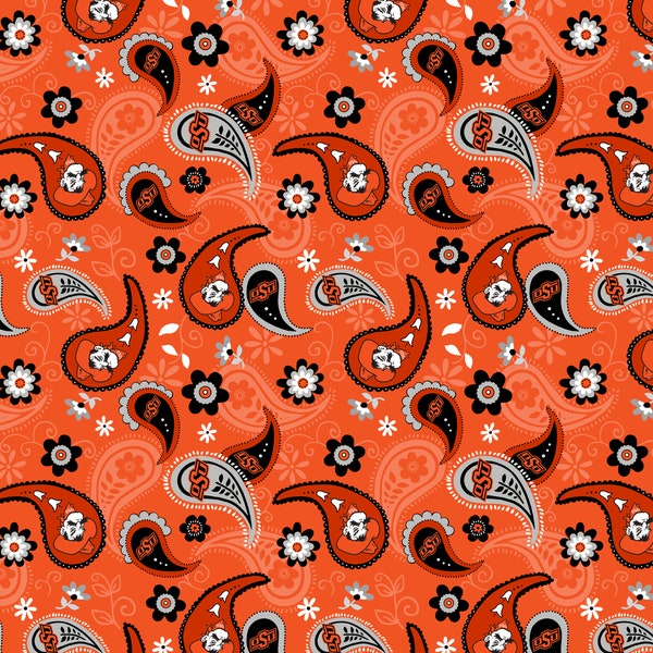 Oklahoma State University Cotton Fabric by Sykel-Oklahoma State OSU Cowboys Paisley and Matching Solid Cotton Fabrics