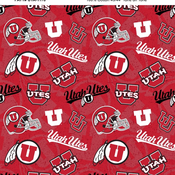 University of Utah Cotton Fabric by Sykel-Utah Utes Tone on Tone and Matching Solid Cotton Fabrics