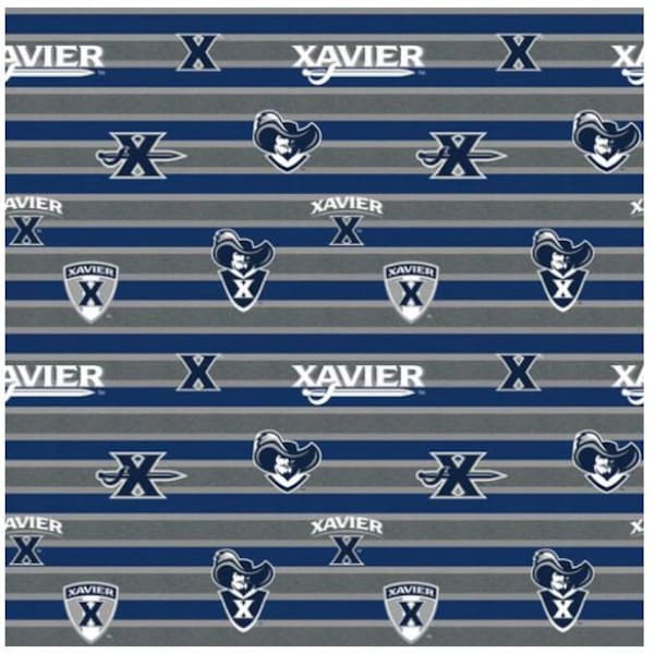 Xavier University Cotton Fabric by Sykel-Xavier Musketeers Polo Stripe and Matching Solid Cotton Fabrics