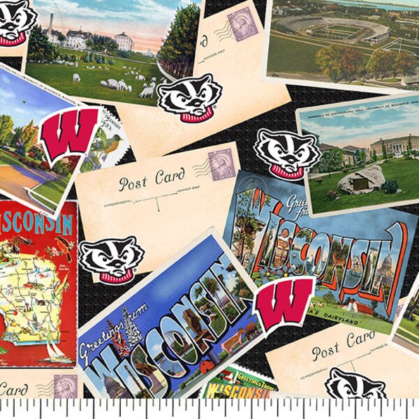 University of Wisconsin Cotton Fabric by Sykel-Wisconsin Badgers Postcard and Matching Solid Cotton Fabrics