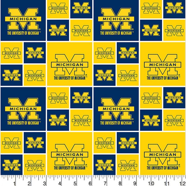 University of Michigan Cotton Fabric by Sykel-Michigan Wolverines Geometric and Matching Solid Cotton Fabrics