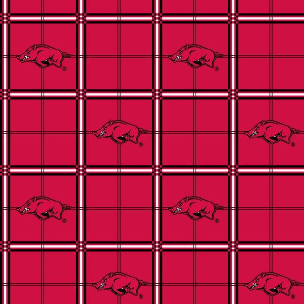 University of Arkansas Cotton Flannel Fabric by Sykel-Arkansas Razorbacks Plaid Flannel Fabric