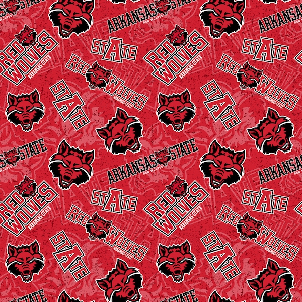 Arkansas State University Cotton Fabric by Sykel-Arkansas State Red Wolves Tone on Tone and Matching Solid Cotton Fabrics