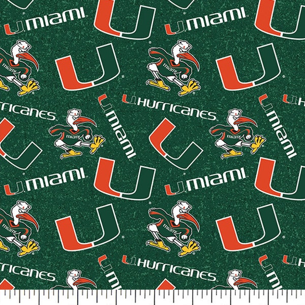 University of Miami Cotton Fabric by Sykel-Miami Hurricanes Tone on Tone and Matching Solid Cotton Fabrics