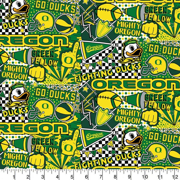 University of Oregon Cotton Fabric by Sykel-Oregon Ducks Pop Art and Matching Solid Cotton Fabrics