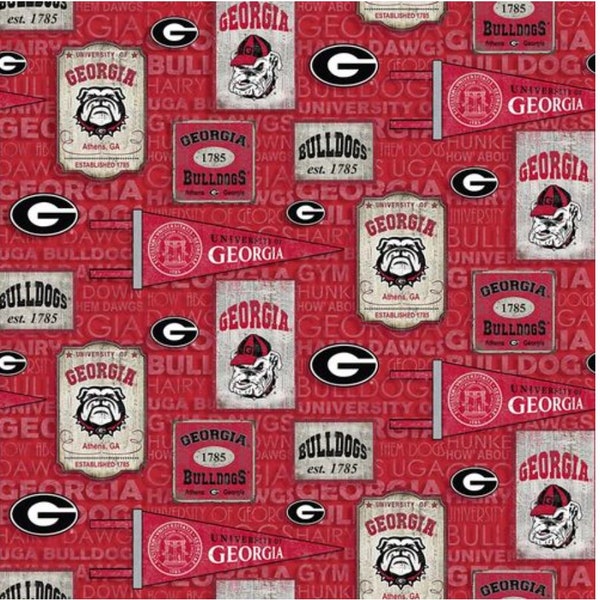 University of Georgia Cotton Fabric by Sykel-Georgia Bulldogs Vintage Pennant and Matching Solid Cotton Fabrics