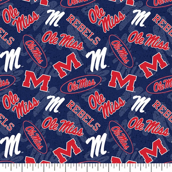 University of Mississippi Cotton Fabric by Sykel-Ole Miss Rebels Tone on Tone and Matching Solid Cotton Fabrics