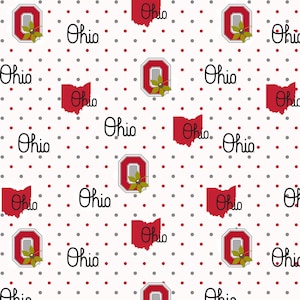 Ohio State University Cotton Fabric by Sykel-Ohio State Buckeyes Pin Dot and Matching Solid Cotton Fabrics