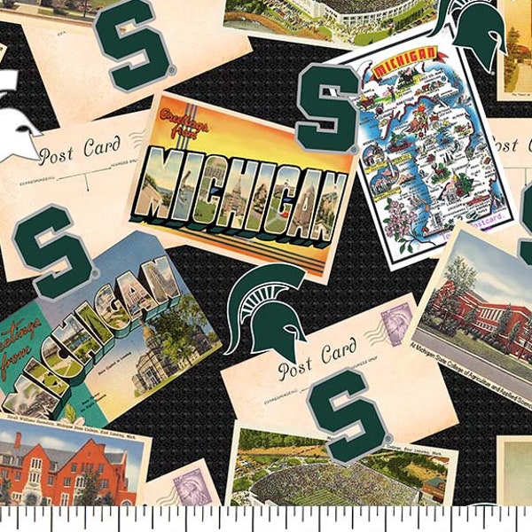 Michigan State University Cotton Fabric by Sykel-Michigan State Spartans Postcard and Matching Solid Cotton Fabrics
