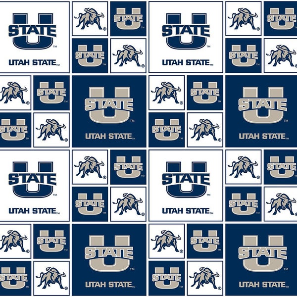 Utah State University Cotton Fabric by Sykel-Utah State Aggies Geometric and Matching Solid Cotton Fabrics