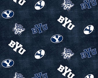 Brigham Young University Cotton Flannel Fabric by Sykel-Brigham Young BYU Cougars Distressed Logo Flannel Fabric