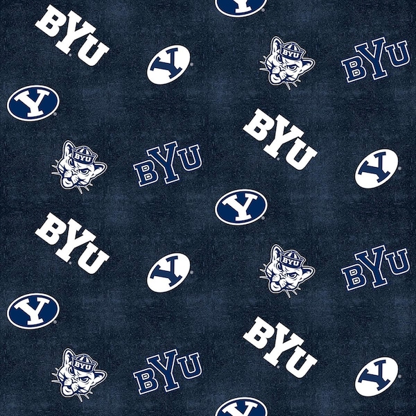 Brigham Young University Cotton Flannel Fabric by Sykel-Brigham Young BYU Cougars Distressed Logo Flannel Fabric