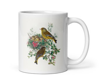 Beautiful Green Finch birds in a nest mug, perfect gift for the bird lover, bird watcher, wildlife enthusiast