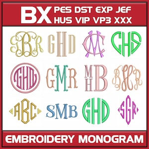 以下が含まれることがあります： 金、ピンク、緑、青など、さまざまなスタイルと色の刺繍モノグラムのコレクション。GHD、SMB、ABCなどのさまざまな文字の組み合わせが特徴で、下部に「EMBROIDERY MONOGRAM」というテキストがあります。