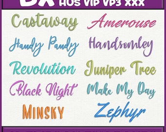 Puede incluir: Una pantalla digital de 10 fuentes de bordado con varios estilos de escritura y bloque en colores que incluyen verde, rosa, azul, morado y naranja. El texto incluye las palabras Castaway, Amerouse, Handy Pandy, Handsomley, Revolution, Juniper Tree, Black Night, Make My Day, MINSKY y Zephyr, con los formatos de archivo BX, PES, DST, EXP, JEF, HUS, VIP, VP3 y XXX listados en la parte superior.