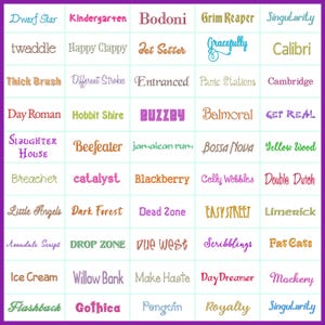 Hand picked BX format machine embroidery fonts. Includes fonts styles such as block and modern.