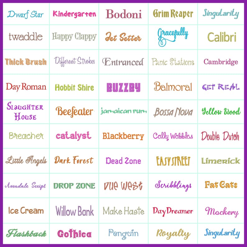 Hand picked BX format machine embroidery fonts. Includes fonts styles such as block and modern.
