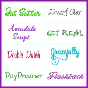 A bundle of embroidery fonts in BX format. Unique modern styles for your projects.