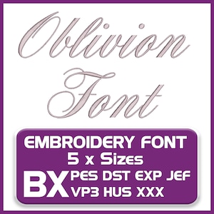May include: A white background features the words "Oblivion Font" in a cursive style. Below, a purple rectangle states "EMBROIDERY FONT" with "5 x Sizes" and file types. The font is suitable for embroidery projects.