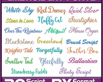 BX Embroidery Script Fonts Bundle: 20 Cursive Machine Fonts (0.25-2 Inch)