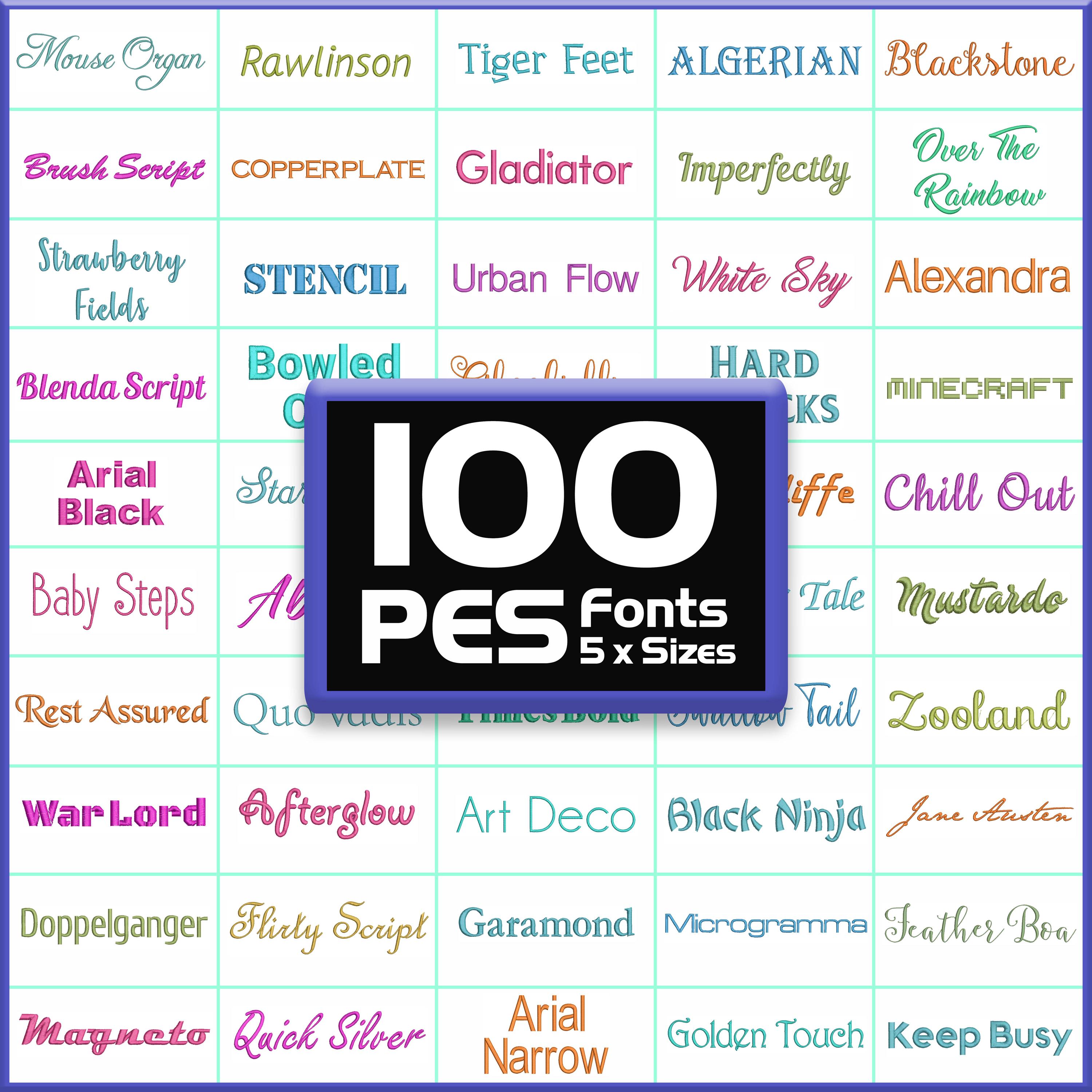PES Embroidery Fonts Bundle: 100 Brother Machine Font