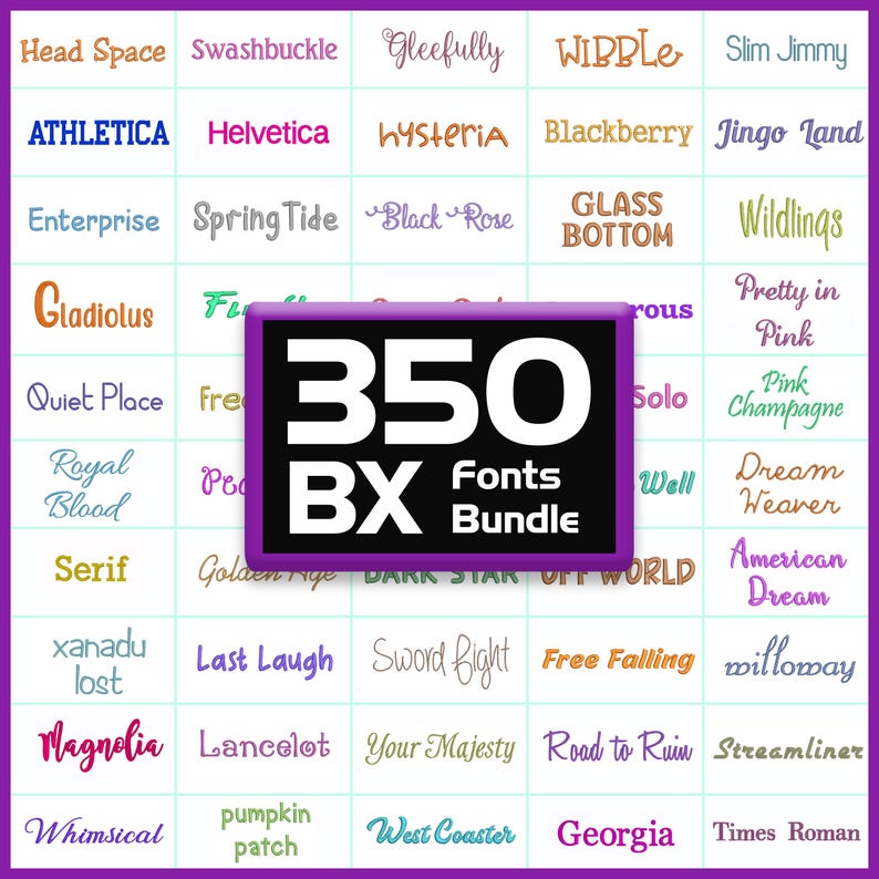 A selection of BX format machine embroidery fonts. Includes fonts styles such as cursive and script.
