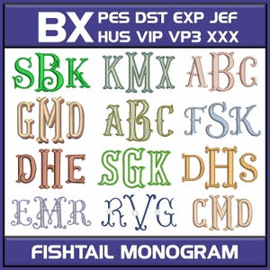 May include: A digital embroidery design chart featuring various fishtail monogram letters in multiple colors. The letters include SBK, KMX, ABC, GMD, FSK, DHE, SGK, DHS, EMR, RVG, and CMD. The design is labeled "FISHTAIL MONOGRAM".