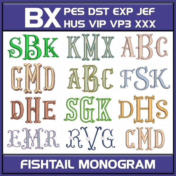 BX Embroidery Fishtail Monogram Fonts : 12 Machine Embroidery Designs Brother PES