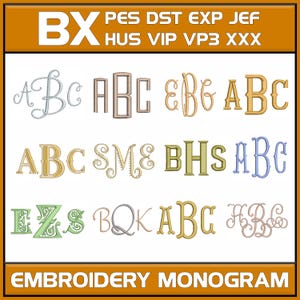Puede incluir: Imagen que muestra varios diseños de monogramas de bordado en diferentes fuentes y estilos. La imagen incluye el texto "BX" en la parte superior izquierda y "EMBROIDERY MONOGRAM" en la parte inferior. Los monogramas son de varios colores, incluyendo dorado, verde y azul.