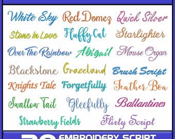 20 Script Embroidery Font Bundle in pes exp dst jef hus vp3 xxx, Font set in Cursive Embroidery Machine, Signature Alphabet, Monogram, Boho
