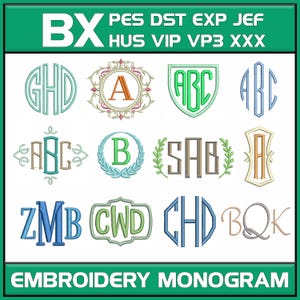 May include: An assortment of embroidered monogram designs in diverse styles and colours, including circular, shield, and framed options. The image features the text "BX" and "EMBROIDERY MONOGRAM". These designs are suitable for embroidery projects.