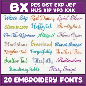 Puede incluir: Una colección digital de 20 fuentes de bordado con varios estilos cursivos y manuscritos en colores que incluyen azul, verde, naranja, rosa y morado. El texto incluye nombres como White Sky, Red Domez y Quick Silver, con los formatos de archivo BX, PES, DST, EXP, JEF, HUS, VIP, VP3 y XXX listados en la parte superior.