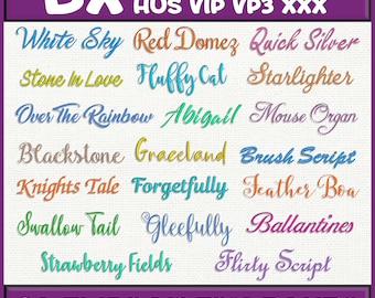 Puede incluir: Una colección digital de 20 fuentes de bordado con varios estilos cursivos y manuscritos en colores que incluyen azul, verde, naranja, rosa y morado. El texto incluye nombres como White Sky, Red Domez y Quick Silver, con los formatos de archivo BX, PES, DST, EXP, JEF, HUS, VIP, VP3 y XXX listados en la parte superior.