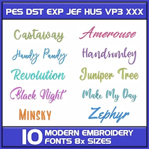 Puede incluir: Gráfico digital que muestra diez fuentes de bordado modernas en varios colores. Los nombres de las fuentes incluyen "Castaway", "Amerouse", "Handy Pandy" y "Handsomley". La imagen también muestra el texto "10 MODERN EMBROIDERY FONTS 8x SIZES."