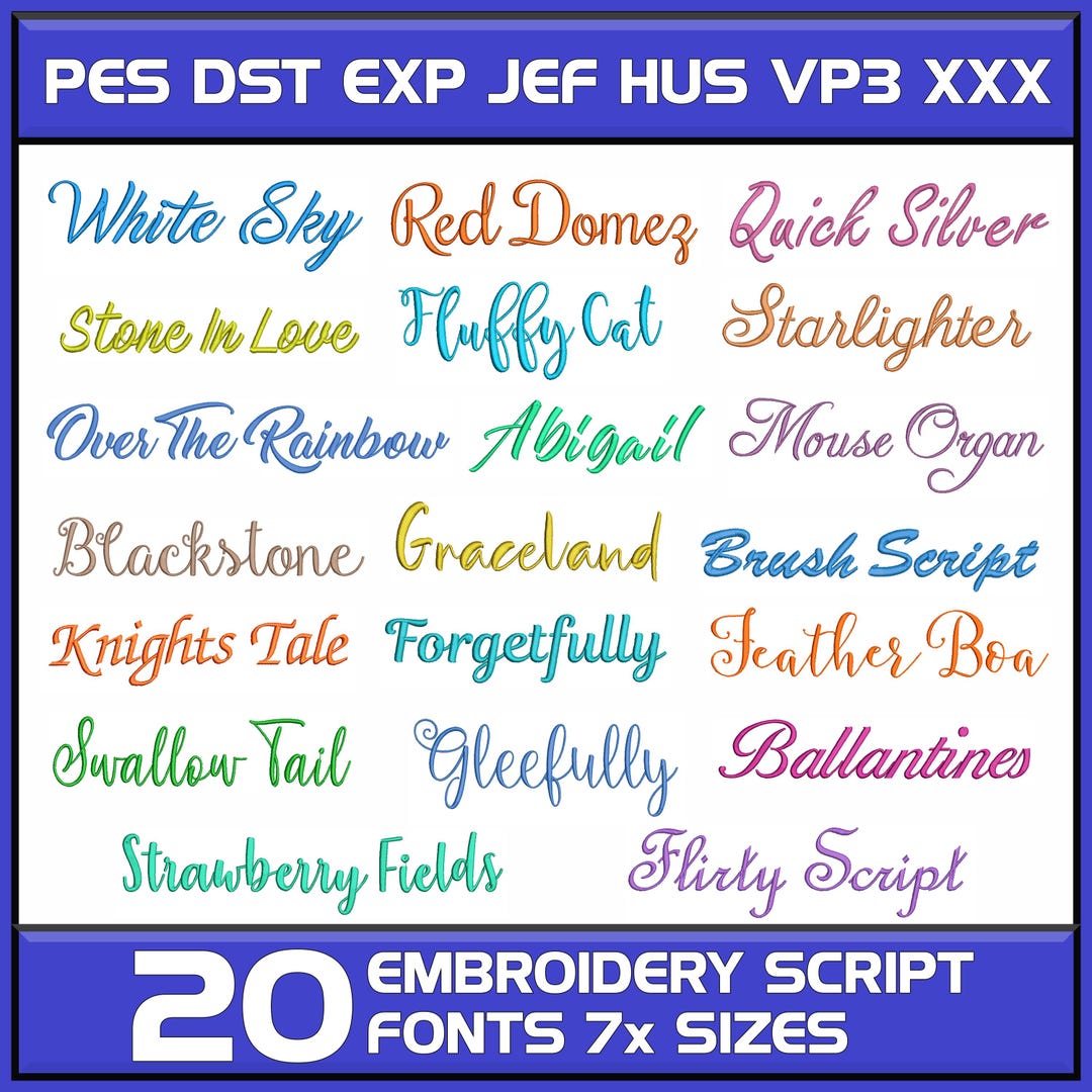 20 Script Embroidery Fonts Bundle Cursive Fonts (0.5-4 Inch) Brother ...