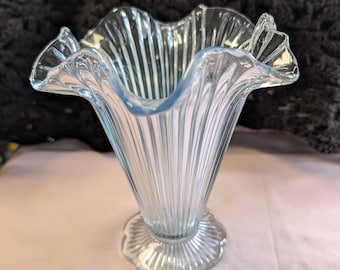 Fenton Art Glass Vase: Pale Blue Sheffield, Vintage MCM Scallop Edge