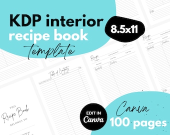May include: A black and white image showing a recipe book template for Kindle Direct Publishing (KDP). The template is designed for an 8.5x11 inch book and includes a table of contents, recipe pages, and a title page. The text "This Recipe Book Belongs To" is on the title page. The text "EDIT IN Canva" is on the page with the table of contents. The text "Canva 100 pages" is on a blue background with white polka dots.