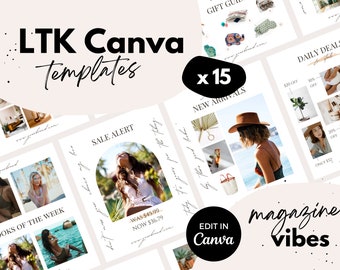 May include: A set of 15 Canva templates for social media featuring a magazine aesthetic. The templates include text overlays such as "Looks of the Week", "Sale Alert", "New Arrivals", and "Daily Deals".