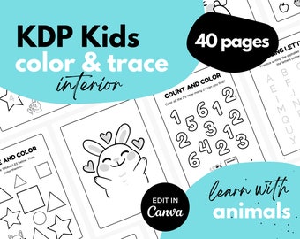 KDP Kids Coloring and Tracing Activity Book with Animals ⋆ Canva Template ⋆ 8.5x11