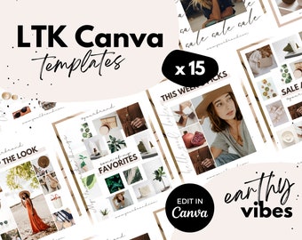 May include: A set of 15 Canva templates for social media featuring a neutral color palette with earthy tones. The templates include text overlays such as "Shop the Look", "Some of my Favorites", and "This Week's Picks". The templates are designed for use with the LTK app.