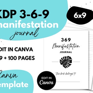 Op de afbeelding: Een printbare 369 manifestatie-journaaltemplate in zwart-wit met een tropisch bladontwerp. De sjabloon is 15,24 x 22,86 cm en heeft 100 pagina's. De tekst "369 Manifestatie-journaal" is geschreven in zwarte cursieve lettertypen. De tekst "Dit boek behoort toe aan" is geschreven in zwarte lettertypen. De tekst "EDIT IN CANVA" is geschreven in zwarte lettertypen. De tekst "6x9 + 100 PAGES" is geschreven in zwarte lettertypen. De tekst "Canva-sjabloon" is geschreven in zwarte cursieve lettertypen.