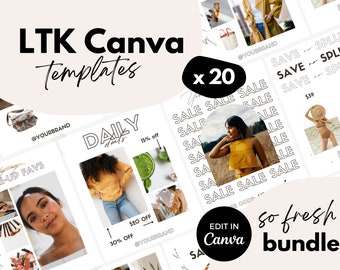 May include: A set of 20 social media templates for Canva, featuring a variety of layouts and designs. The templates are perfect for promoting sales, sharing daily deals, and showcasing products. The text on the templates includes "LTK Canva Templates", "x 20", "SALE SALE SALE", "DAILY deals", "15% off", "30% off", "$20 off", "@YOURBRAND", "EDIT IN Canva", "so fresh bundle".